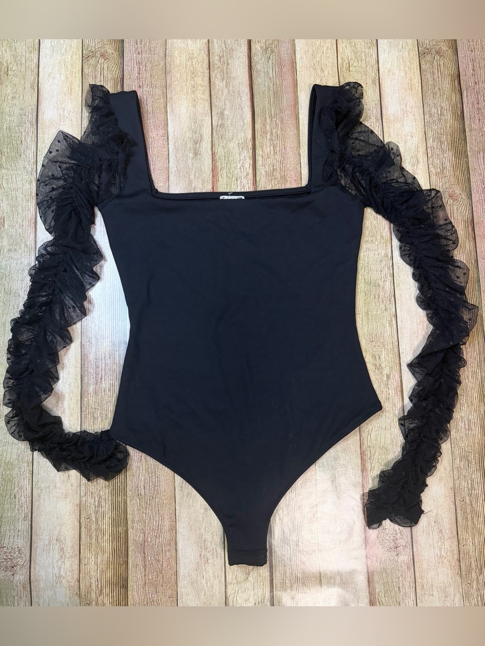 Black sheer polka dot long Sleeve Square Neck Bodysuit